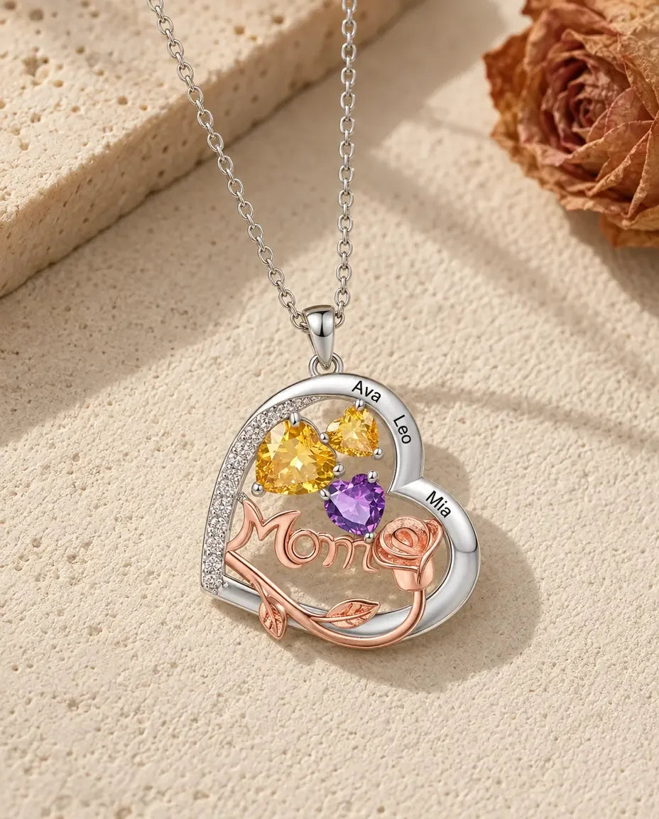 Personalised Heart Mom Necklace with Birthstones & Engraved Names - laid flat