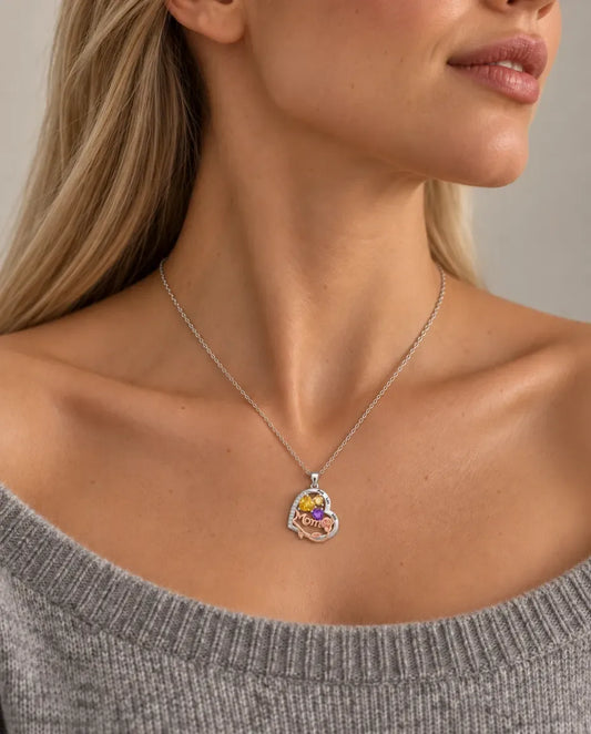 Personalised Heart Mom Necklace with Birthstones & Engraved Names - worn on a model