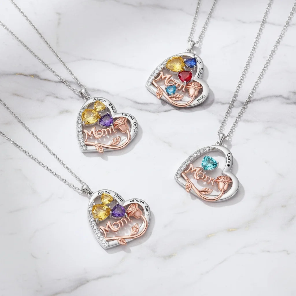 Personalised Heart-Shaped Mom Necklace with Birthstones and Engraved Names