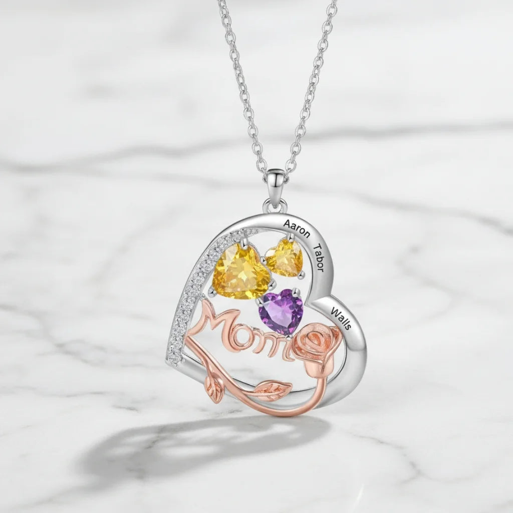 Personalised Heart-Shaped Mom Necklace with Birthstones and Engraved Names