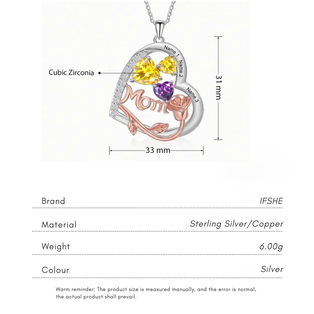 Personalised Heart-Shaped Mom Necklace with Birthstones and Engraved Names