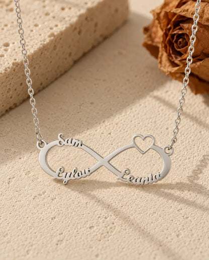 Personalised 3 Name Infinity Necklace - front view in silver