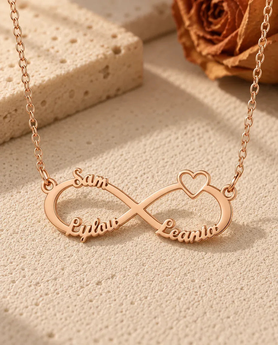 Personalised 3 Name Infinity Necklace - in rose gold finish