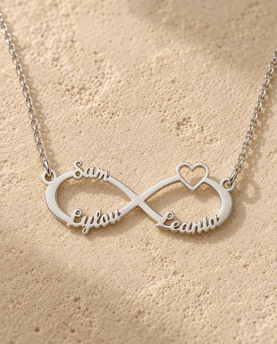 Personalised 3 Name Infinity Necklace - close-up of the cut-out name