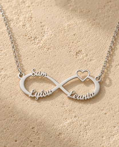 Personalised 3 Name Infinity Necklace - close-up of the cut-out name