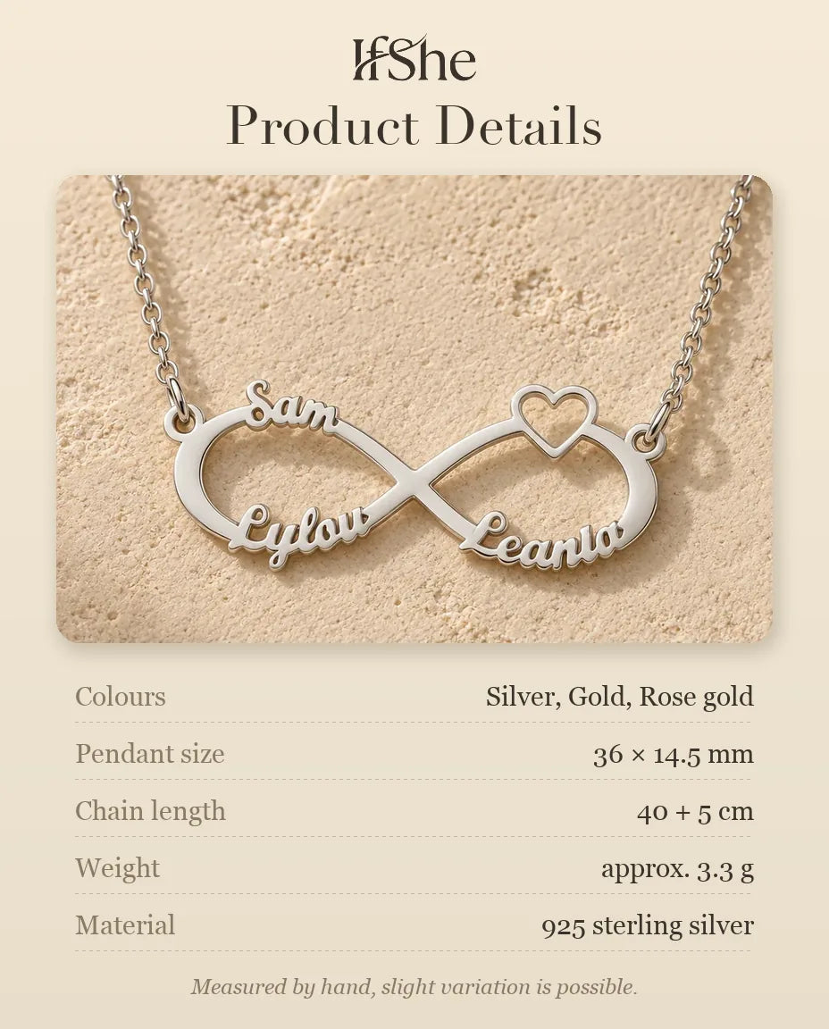 Personalised 3 Name Infinity Necklace - size and material details
