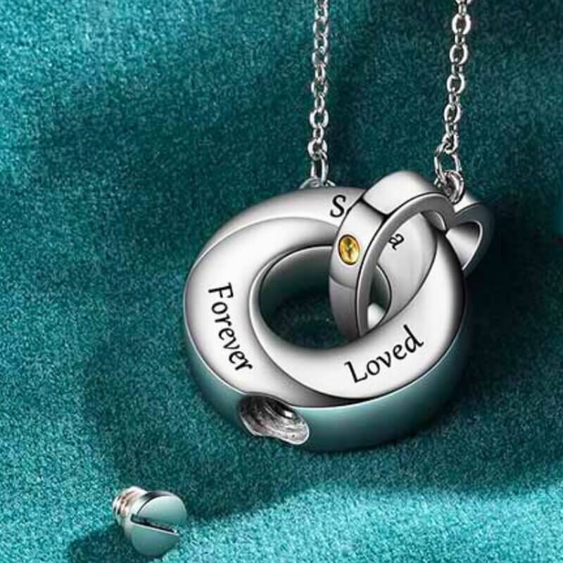Personalised Ashes Necklace - Engraved Interlocking Heart and Circle Pendant Necklace with Birthstone