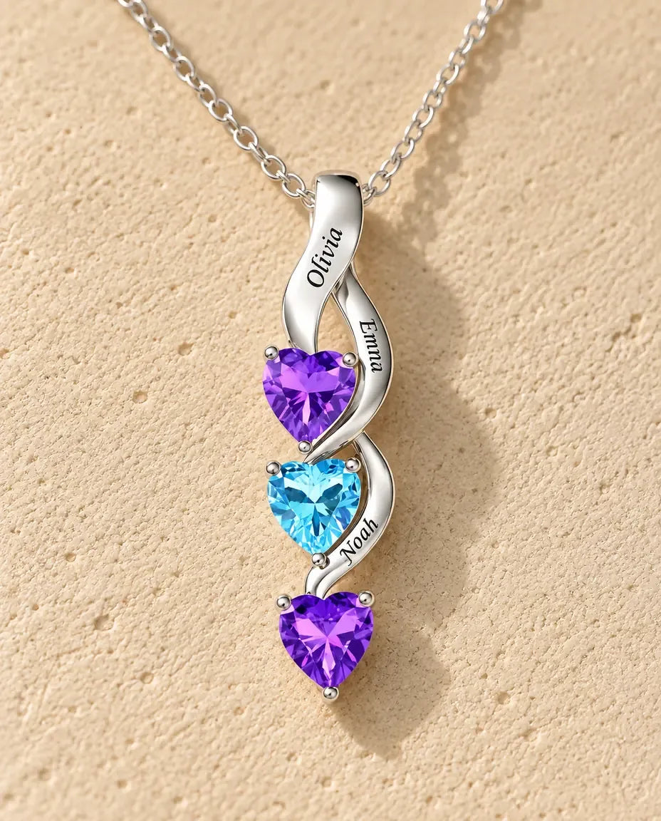 Personalised Birthstone Necklace for Mum - close-up of the engraved names and birthstones