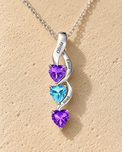 Personalised Birthstone Necklace for Mum - close-up of the engraved names and birthstones