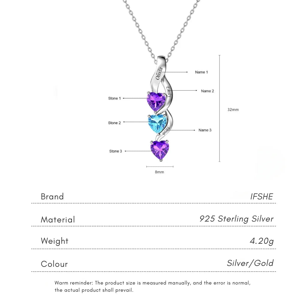 Personalised Intertwined Hearts Necklace for Mum - 3 Birthstones & Names
