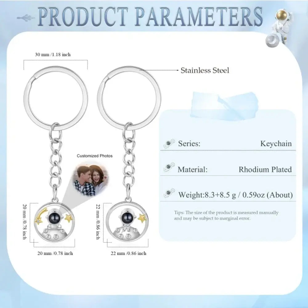 Personalised Keyrings with Photo Projection Charm, Customised Couple Keyrings, Matching Keyrings for Couple