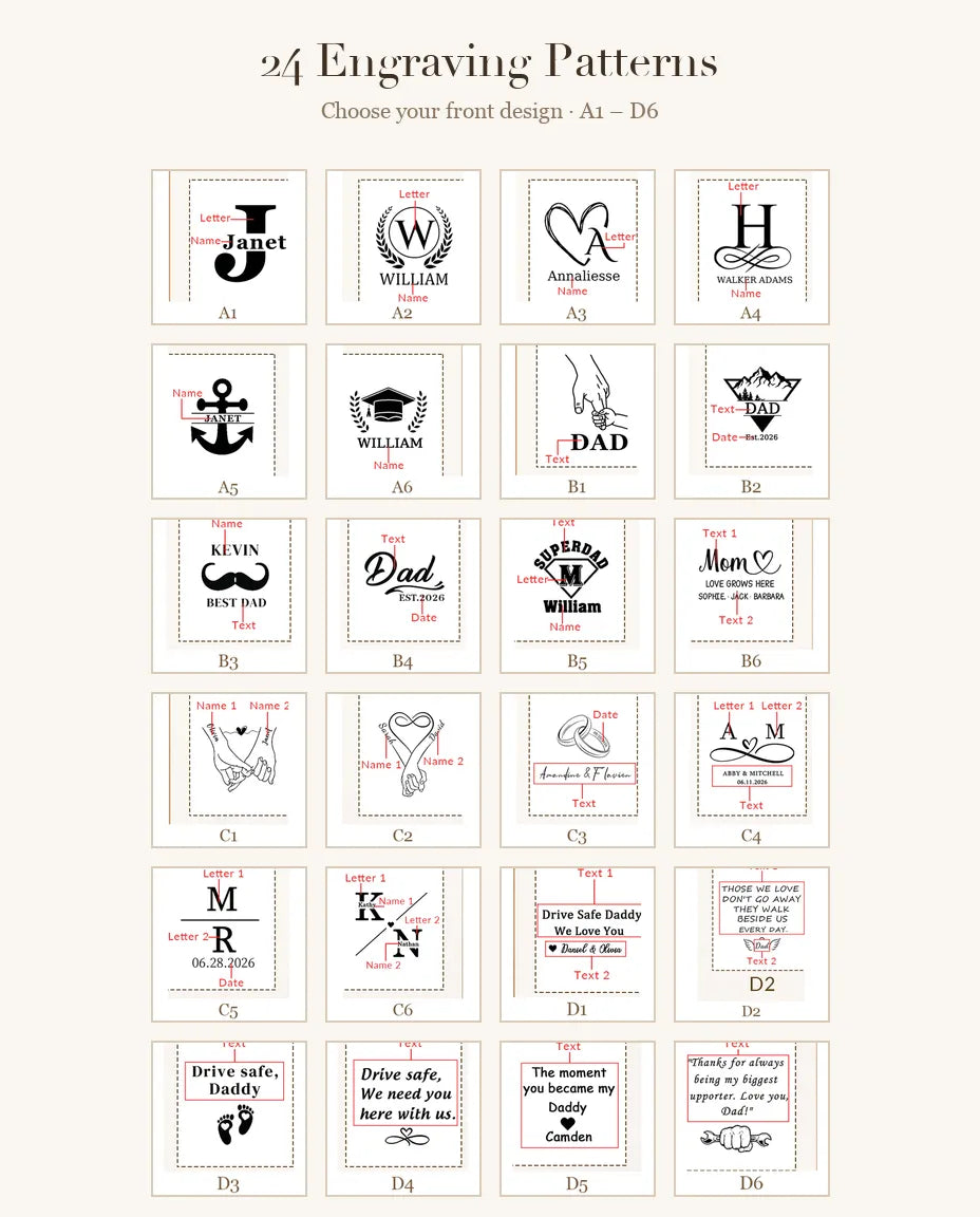 24 engraving pattern choices A1 to D6 for the personalised faux leather keyring