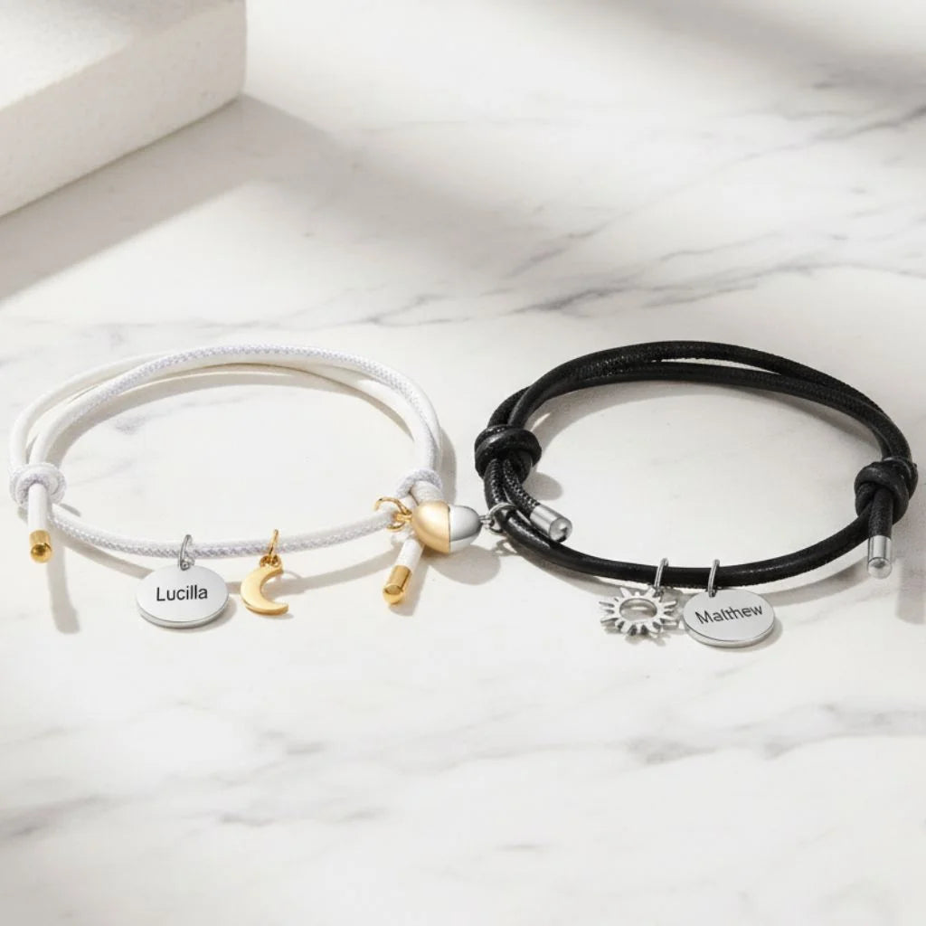 Personalised Magnetic Sun & Moon Couples Bracelets with Name Engraved Charms