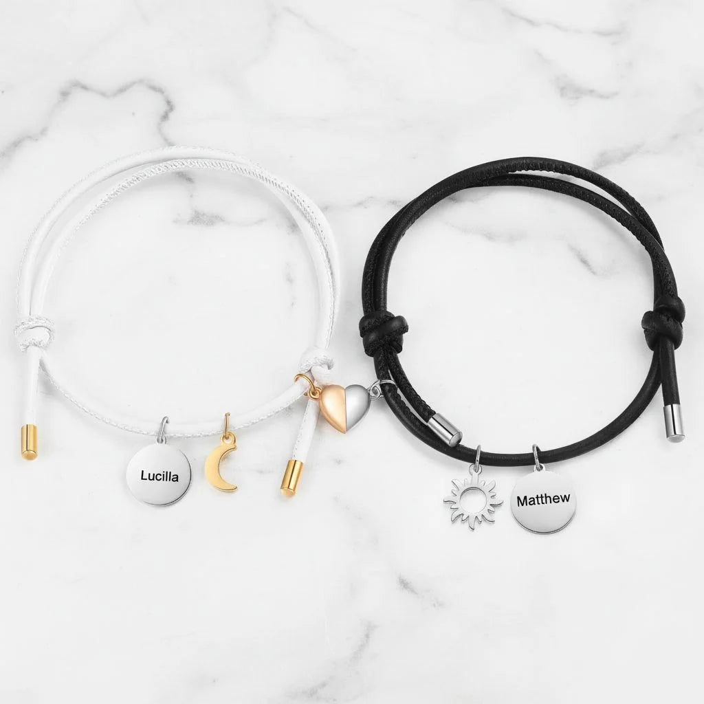Personalised Magnetic Sun & Moon Couples Bracelets with Name Engraved Charms