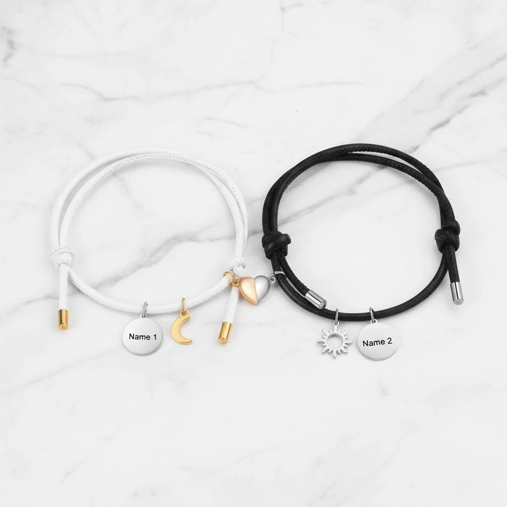 Personalised Magnetic Sun & Moon Couples Bracelets with Name Engraved Charms