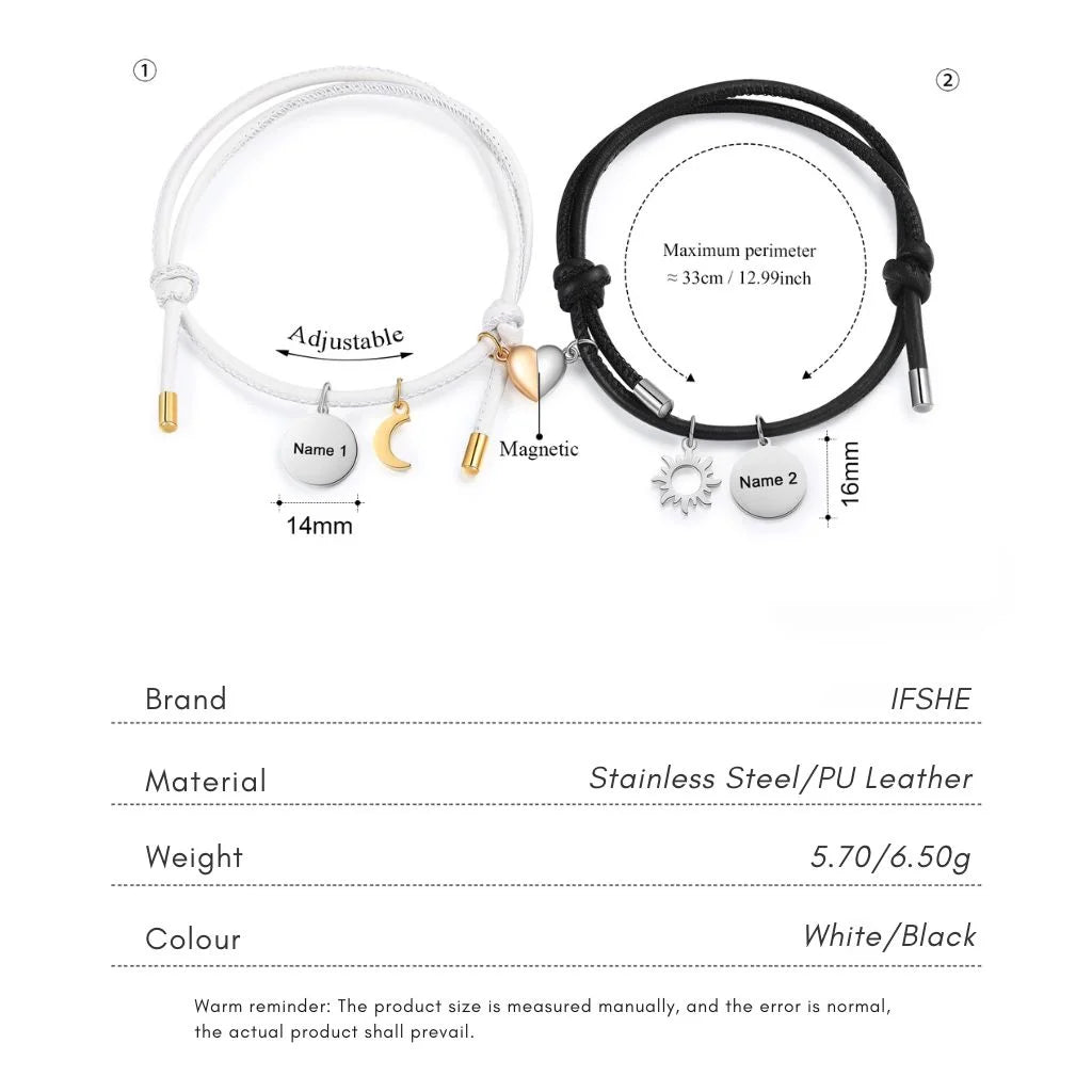 Personalised Magnetic Sun & Moon Couples Bracelets with Name Engraved Charms