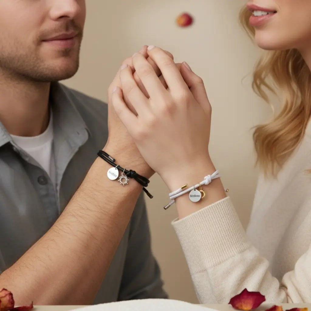 Personalised Magnetic Sun & Moon Couples Bracelets with Name Engraved Charms