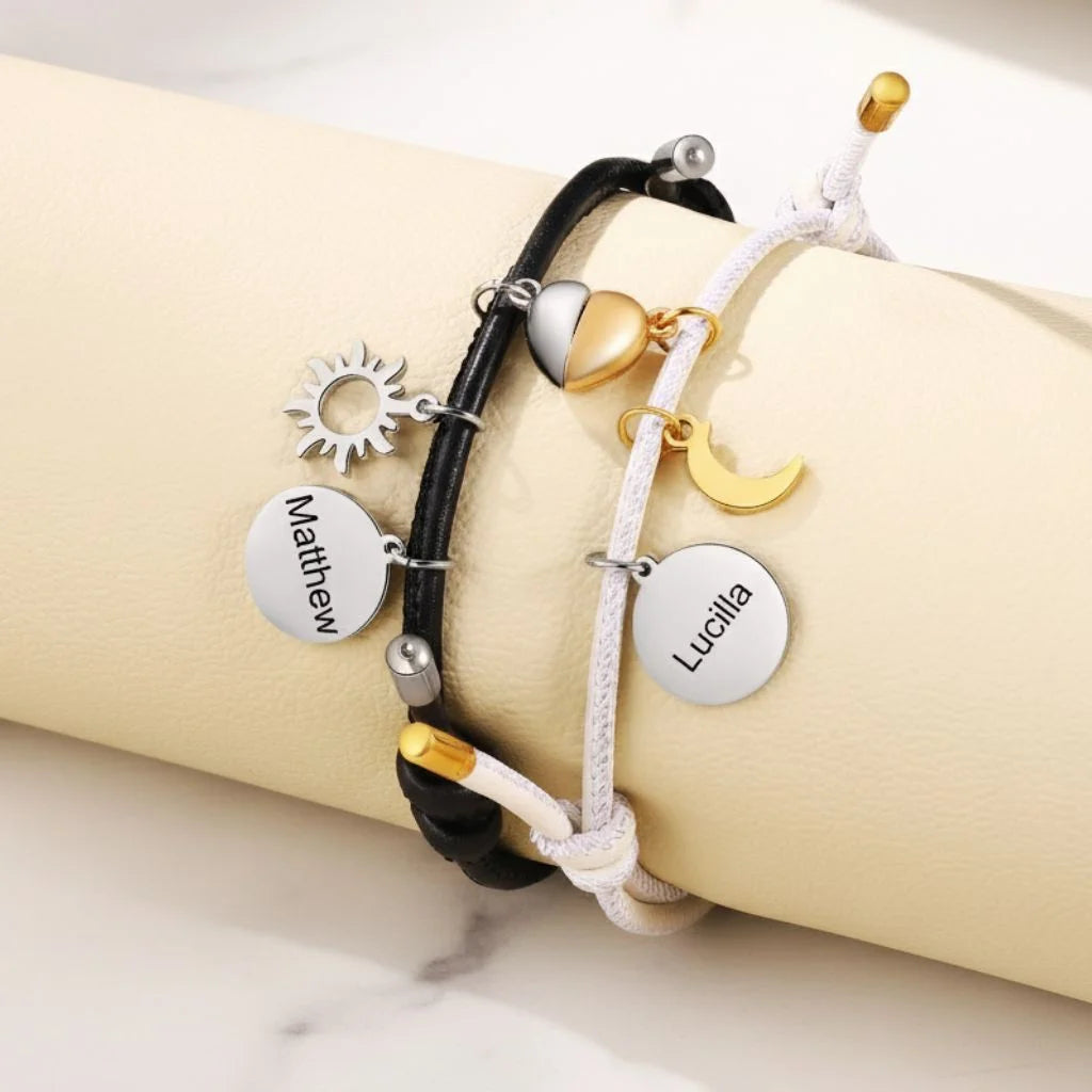 Personalised Magnetic Sun & Moon Couples Bracelets with Name Engraved Charms