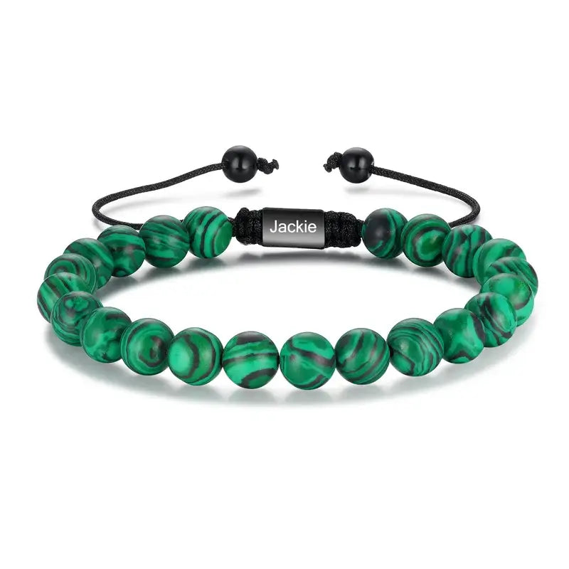 Personalised Malachite Beaded Bracelet with Engraved Name