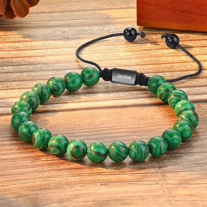 Personalised Malachite Beaded Bracelet with Engraved Name