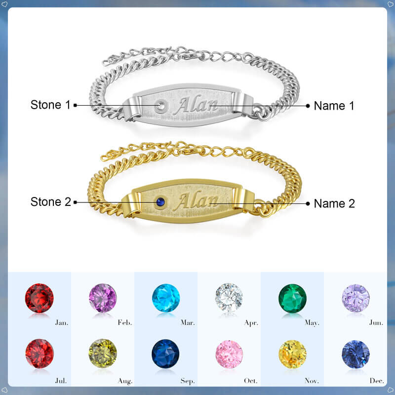 Personalised Matching Couple Name Bracelets with Birthstone