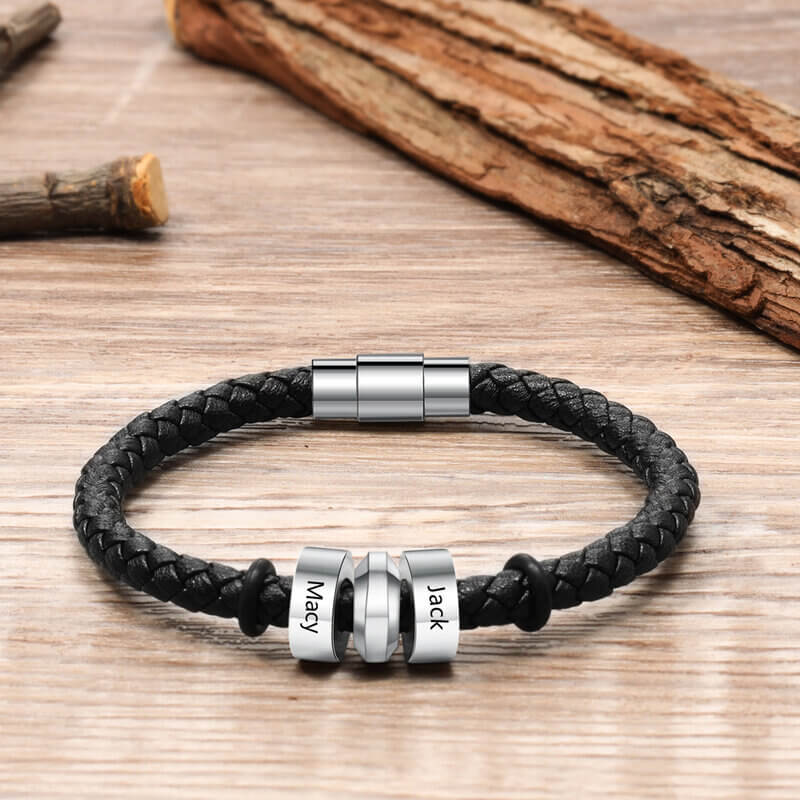 Personalised Men's Leather Bracelet with Stainless Steel Engraved Name Beads