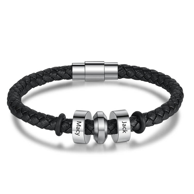 Personalised Men's Leather Bracelet with Stainless Steel Engraved Name Beads