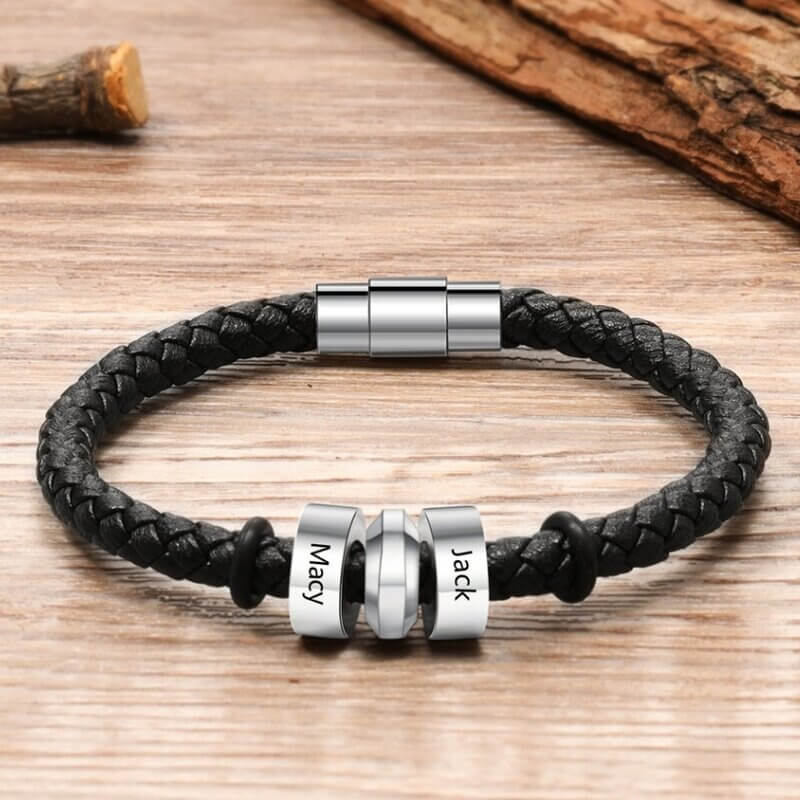 Personalised Men's Leather Bracelet with Stainless Steel Engraved Name Beads