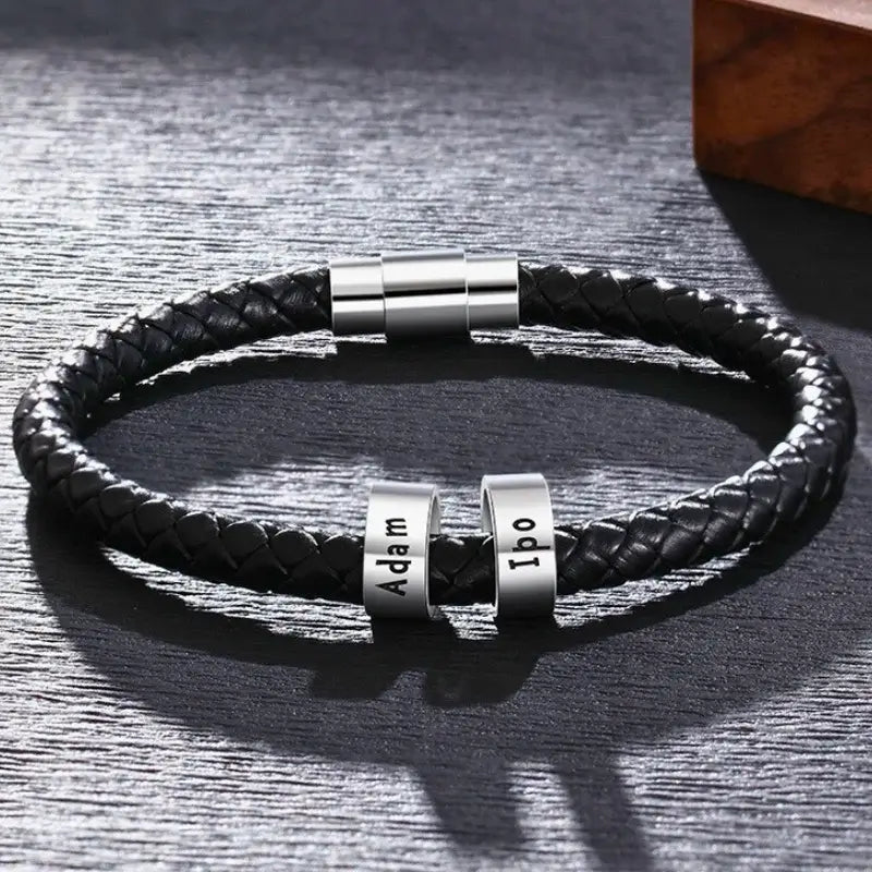 Personalised Men's Black Leather Bracelet - Men's Engraved 2 Names Bracelet - Sterling Silver Beads