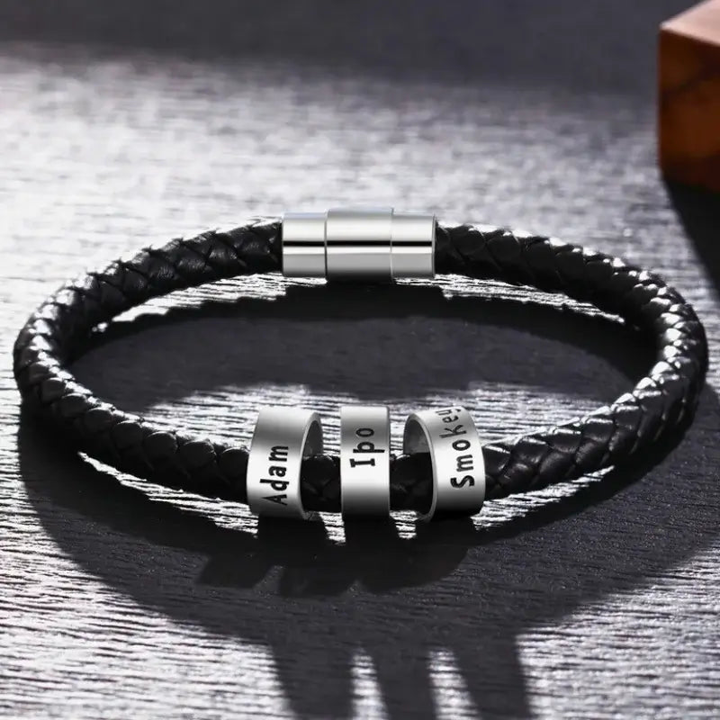 Personalised Men's Black Leather Bracelet - Men's Engraved 3 Names Bracelet - Sterling Silver Beads