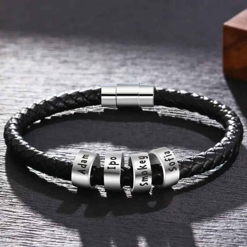 Personalised Men's Black Leather Bracelet - Men's Engraved 4 Names Bracelet - Sterling Silver Beads