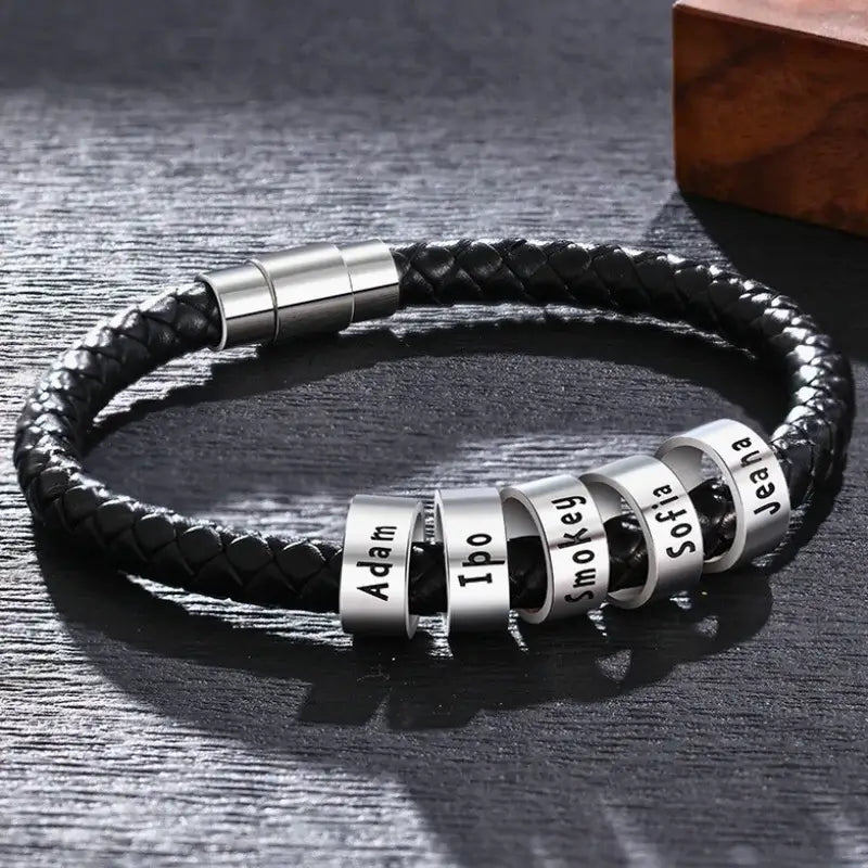 Men s Personalised Bracelet Black Leather Engraved Men s Name Bracelet Sterling Silver Beads