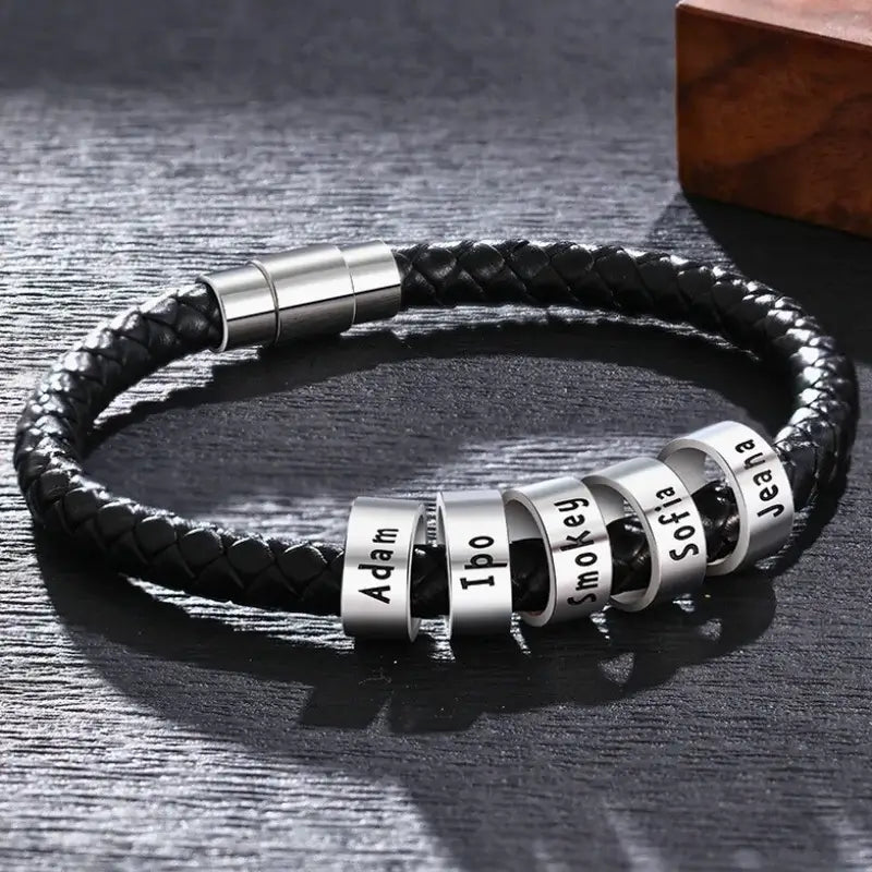 Personalised Men's Black Leather Bracelet - Men's Engraved 5 Names Bracelet - Sterling Silver Beads