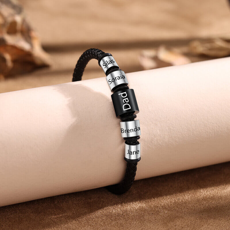 Personalised Men's Black Leather Bracelet with Five Engraved Names