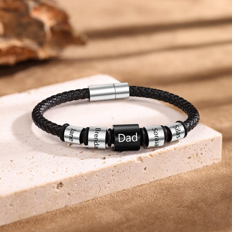 Personalised Men's Black Leather Bracelet with Five Engraved Names