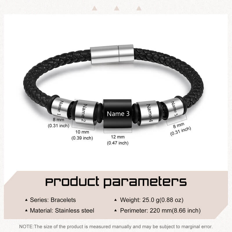 Personalised Men's Black Leather Bracelet with Five Engraved Names