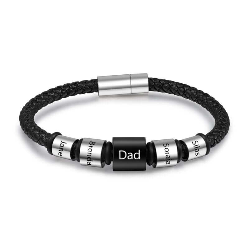 Personalised Men's Black Leather Bracelet with Five Engraved Names