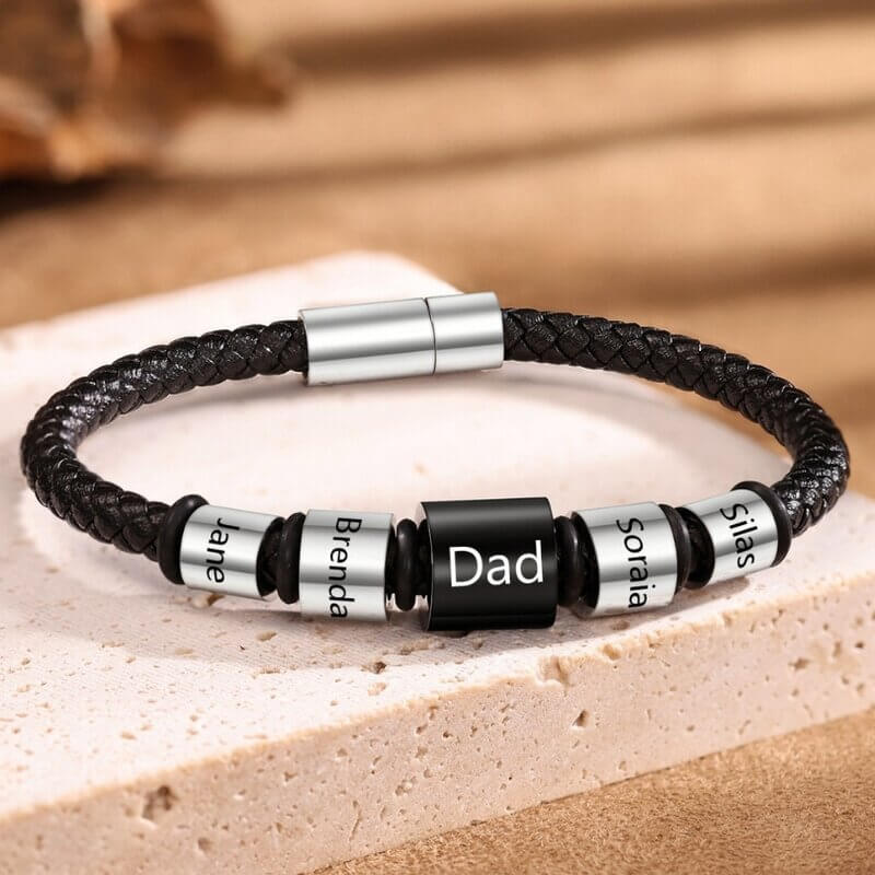 Personalised Men's Black Leather Bracelet with Five Engraved Names