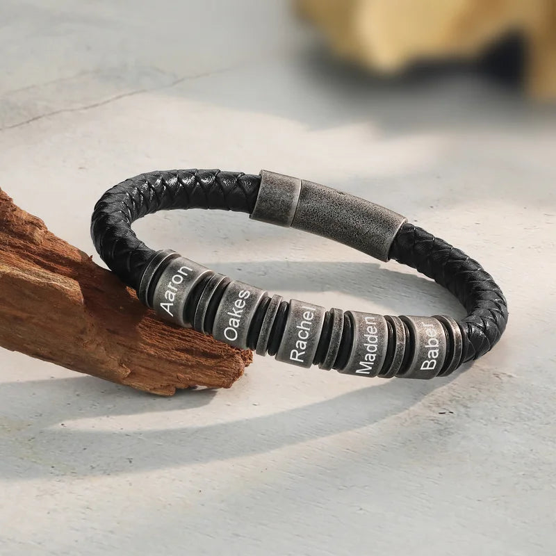 Black Leather Personalised Men s Bracelet 2 5 Stainless Steel