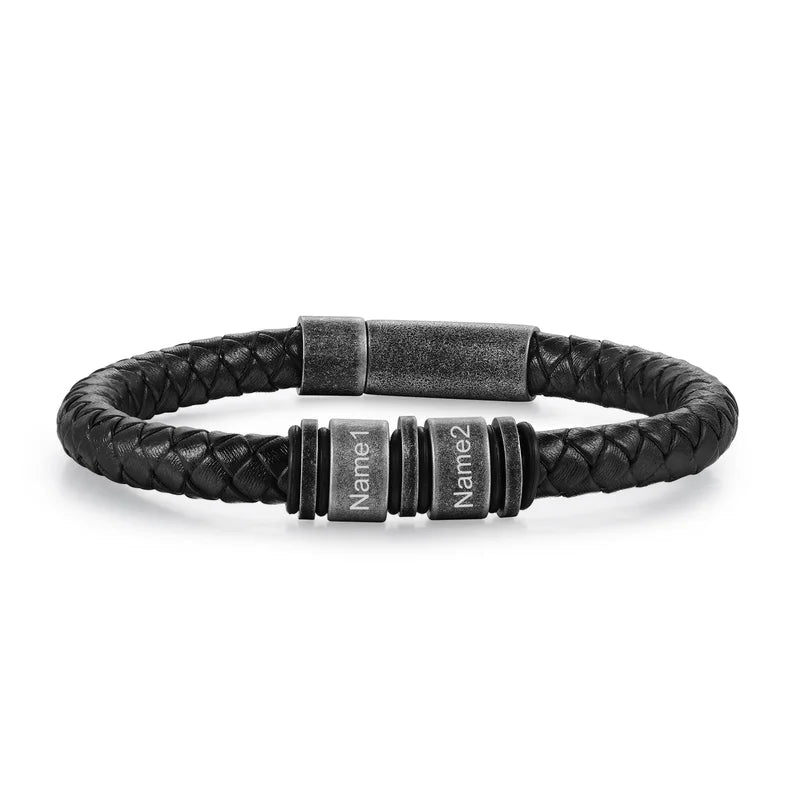 Personalised Mens Black Leather Stainless Steel Bracelet