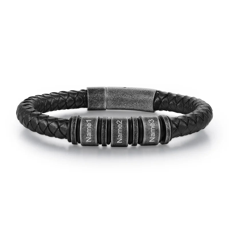 Personalised Mens Black Leather Stainless Steel Bracelet