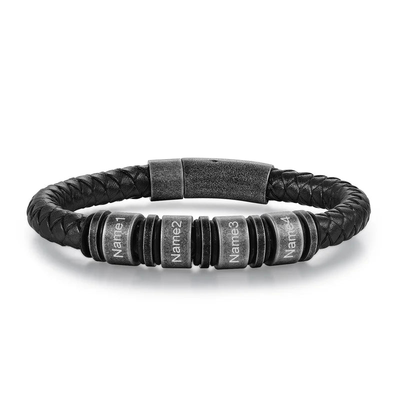 Personalised Mens Black Leather Stainless Steel Bracelet