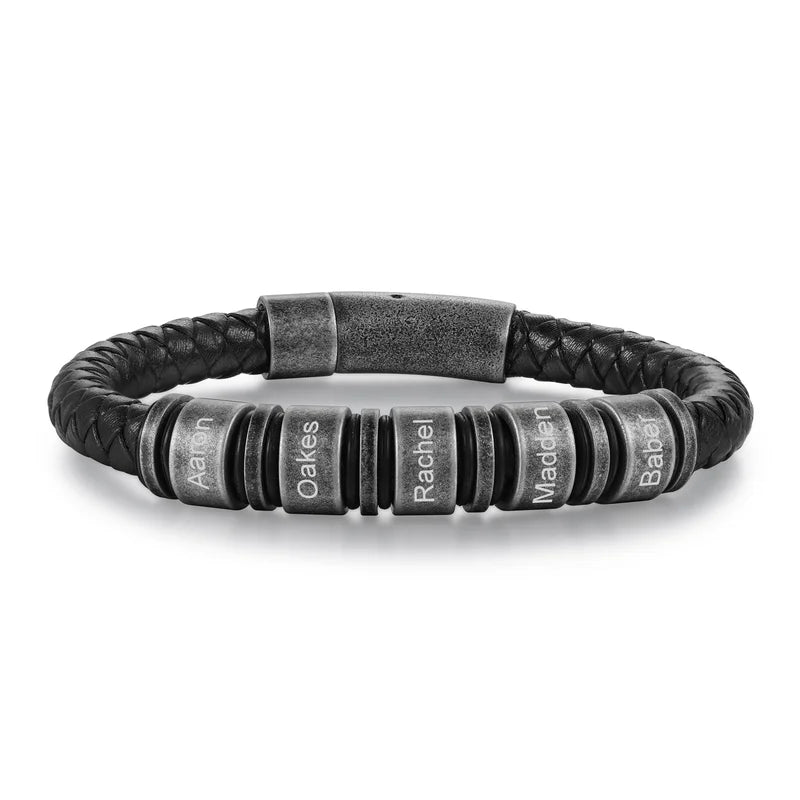 Personalised Mens Black Leather Stainless Steel Bracelet