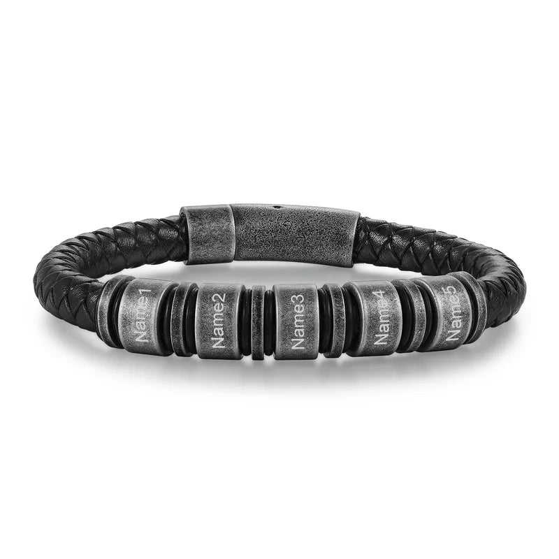 Personalised Mens Black Leather Stainless Steel Bracelet