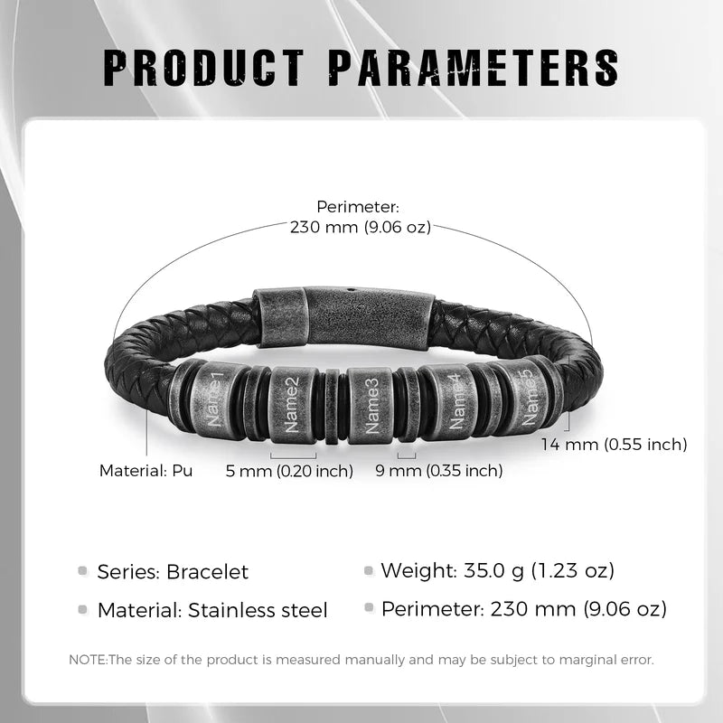 Personalised Mens Black Leather Stainless Steel Bracelet