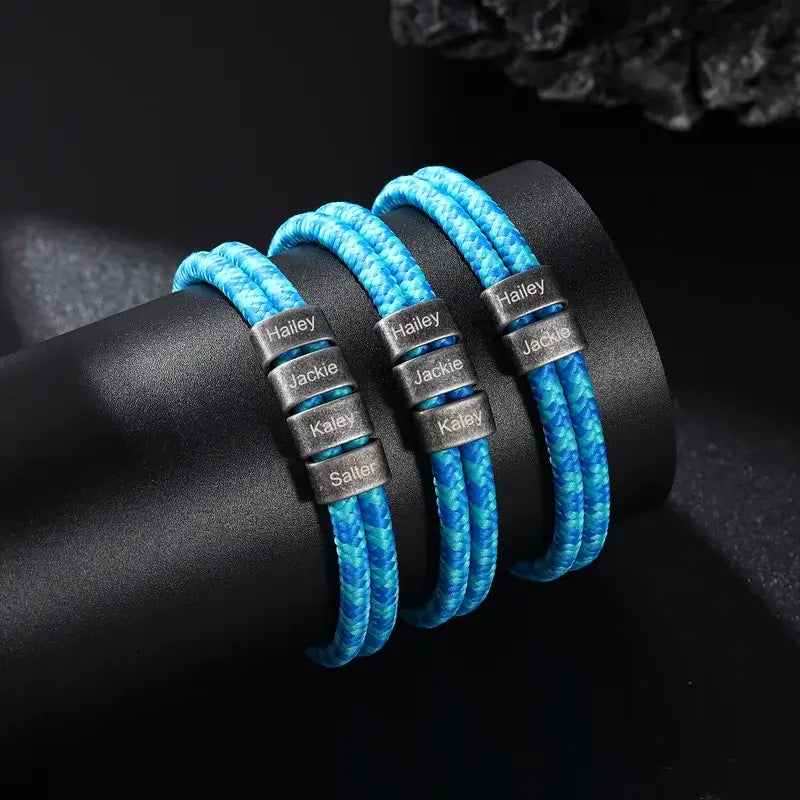 Personalised Men's Blue Nylon Bracelet with Stainless Steel Beads - Father's Day Gift