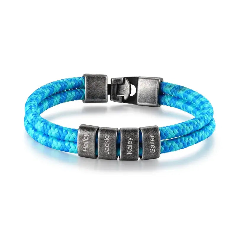Personalised Men's Blue Nylon Bracelet with Stainless Steel Beads - Father's Day Gift