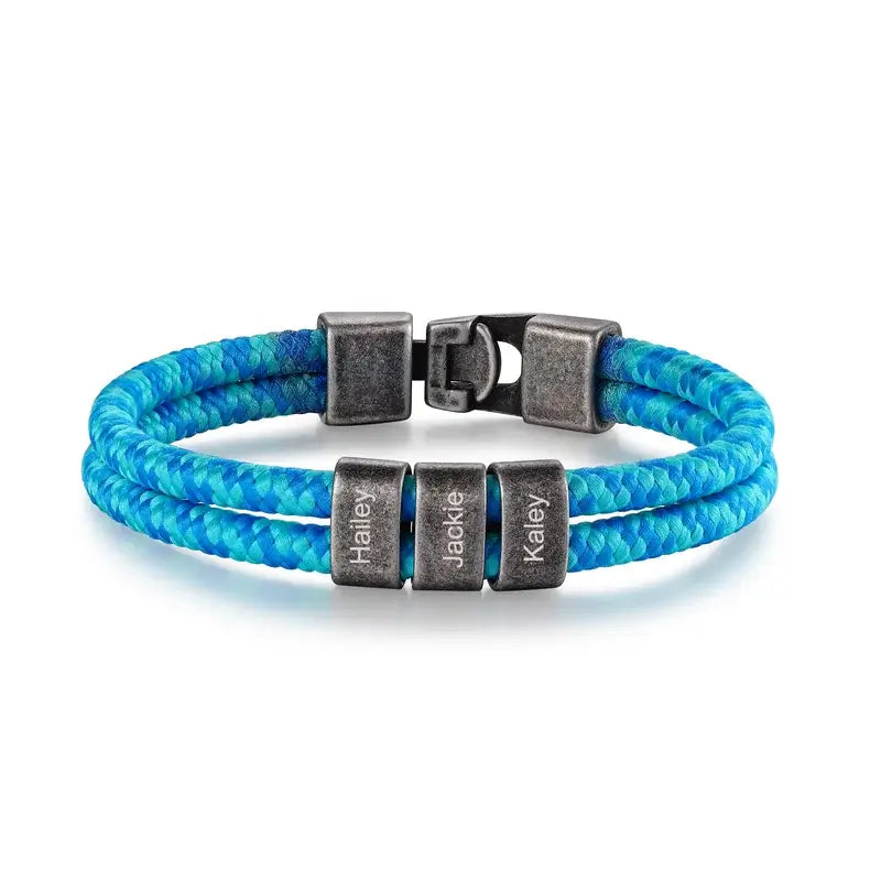 Personalised Men's Blue Nylon Bracelet with Stainless Steel Beads - Father's Day Gift