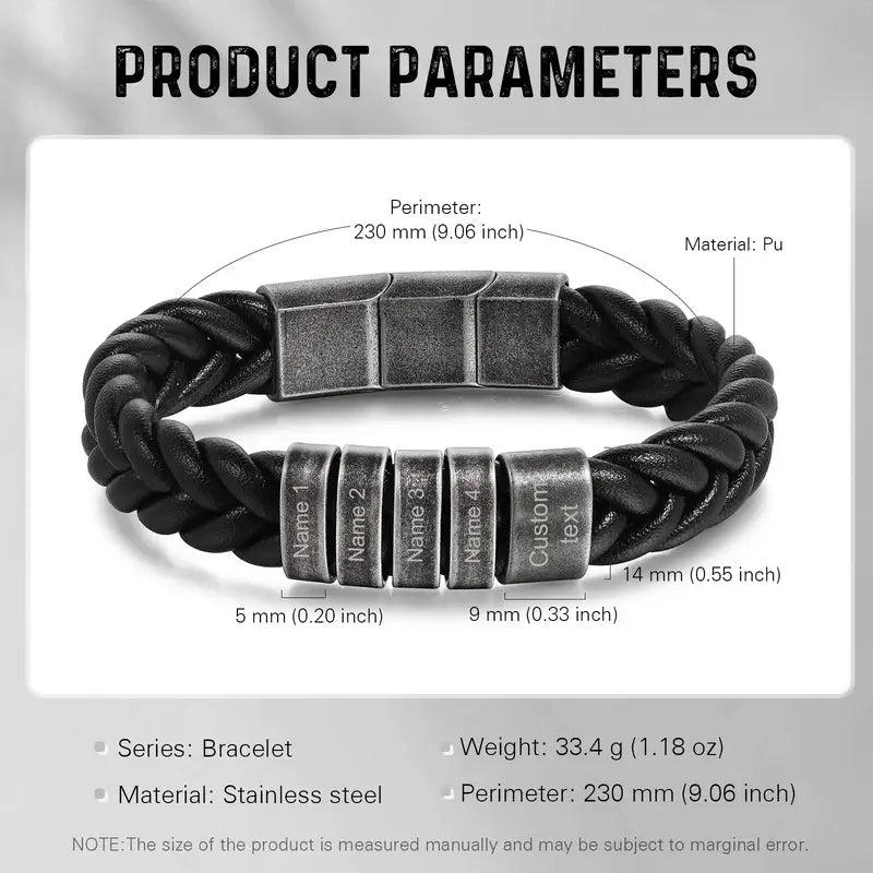 Personalised Men's Bracelet - Black Leather Engraved Beads Bracelet