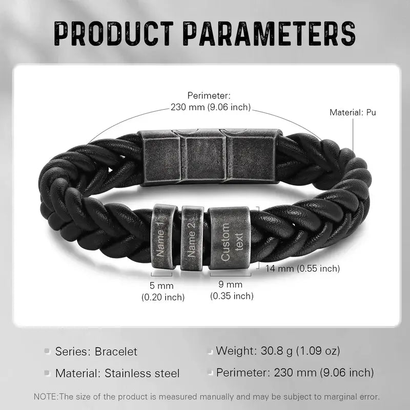 Personalised Men's Bracelet - Black Leather Engraved Beads Bracelet